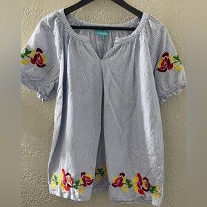 South Main Striped Peasant Hobo Embroidered Women's Top Size XL‎